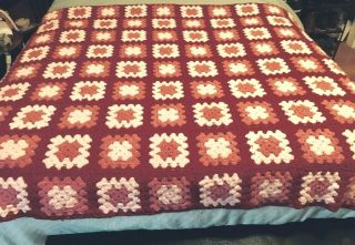 Vintage Handmade Crochet Maroon,  Pink And White Granny Square Afghan 70 X 50