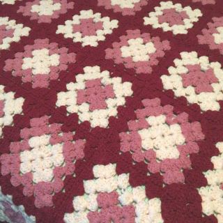 Vintage Handmade Crochet Maroon,  Pink and White Granny Square Afghan 70 x 50 2