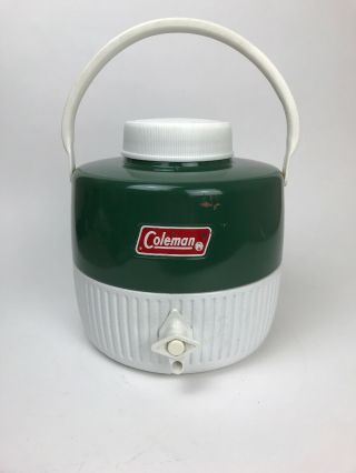Vintage Coleman 1 Gallon Jug Green Metal Picnic Camping Water Cooler W/ Cup Usa
