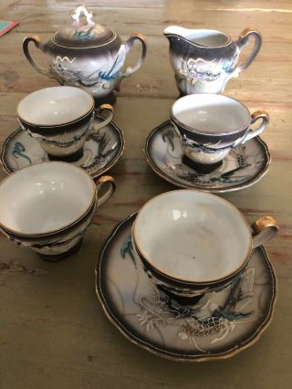 Vintage 1940s Betson Hand Painted Dragonware China Tea Footed Cup & Saucer Set 3