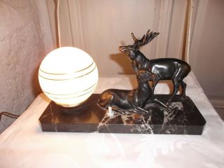 French Art Deco Style Table Lamp With Deer Frost Glass Shade Marble Base