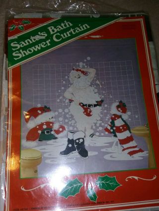 Vintage Santa Showering Bath Plastic Curtain & Matching Towels Set.  Euc