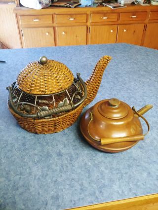 Vintage Copper Tea Pot Kettle With Wood Handle And Heavy Iron Wicker Ornate Pot