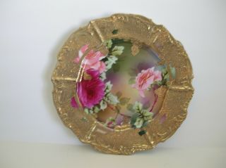 Antique Hand Painted Pink Roses Gold Encrusted Scalloped 9 " Plate Nippon Not Mkd