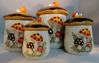 Vintage " Merry Mushroom " Sears,  Roebuck And Co 4 Piece Canister Set,  1978,
