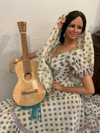 Vintage Big 26” Marin Chiclana Sitting Doll Spanish Flamenco Dancer Dress Guitar 2