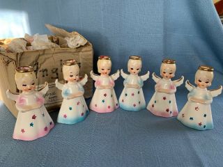 Vintage Ceramic Angel Candle Holders Shafford Made Japan Set Of Six Pink Blue