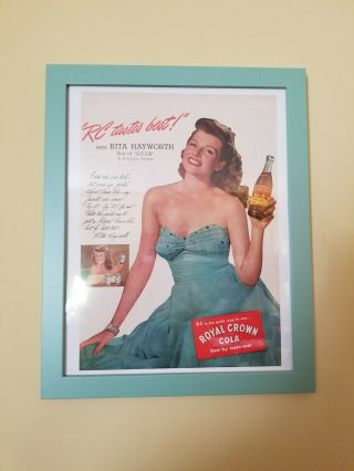 Framed Vintage Ad Rc Cola 1946 Rita Hayworth Gilda Promo Top Wwii Pin - Up Aqua