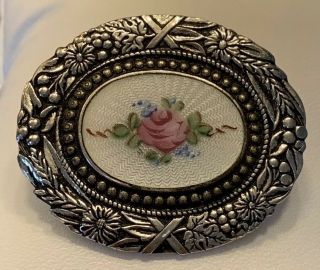 Vintage Pin Brooch Guilloche Enamel Rose Handpainted Flower Detailed Setting