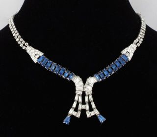 1950s - Phyllis - Vtg Sterling Silver Blue & Clear Rhinestones Necklace