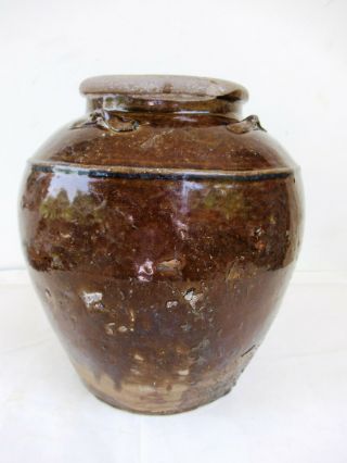 Martaban Jar Asia Pottery Antique Chinese Ceramic Pot Dark Brown Glazed Rare F3
