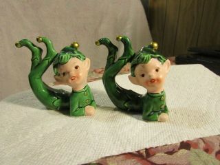 Set Of 2 Vintage,  Inarco E - 2347 Green Holly Christmas Elves Japan