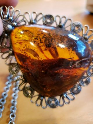 Complex Vintage Large Amber Pendant And Sterling Silver 67g.