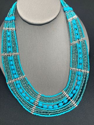 Vintage Wide Turquoise And Silver Woven Seed Bead Bib Statement Necklace 20”