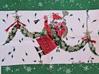 50s Vtg Christmas Linen Kitchen Towel Francis Dearden Flying Angel Santa 15x27 "
