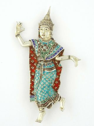 Siam - Vintage Sterling Silver Thai Dancer Enameled Brooch