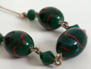 Pretty Vintage Glass Bead Necklace Green With Red Swirl