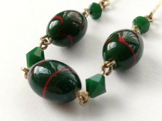 Pretty Vintage glass bead necklace green with red swirl 3