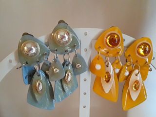 2 Vintage Designer " Mam " Collectors Earrings Blue/silveryellow/white Signed