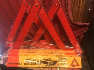 3 Vintage Triangle Reflecting Reflector Emergency Folding 15 " Old Stock