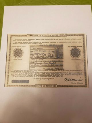 1962 Chevy Impala Certificate Of Title State Of Missouri Historical Document