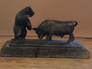 Vintage Bull & Bear Statue Figurine On Wood Base