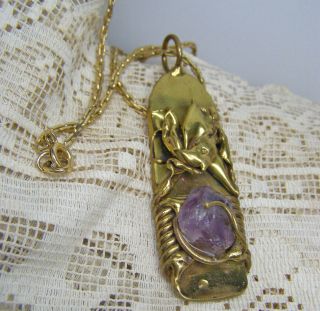 Vintage Handmade Artisan Brutalist Brass Amethyst Purple Large Pendant Necklace