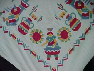Vintage Tablecloth Printed Cotton Southwest Mexican Motif 1940s 46x45 " Estate