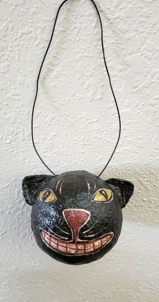 Paper Mache Black Cat Halloween Ornament Ball Vintage Smiling Jack O Lantern