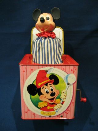 Vintage 1958 Mickey Mouse In The Music Box Jack In The Box Tin Toy Very Gd