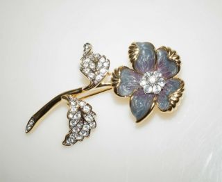 Vintage Nolan Miller Rhinestone & Enamel Flower Floral Gold Tone Brooch Pin 2.  5 "