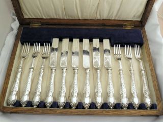 Silver Dessert / Fruit Cutlery Set - Sheffield 1935 - Flower Design - Wood Case