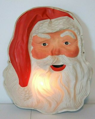 Vintage Large 18.  5 " Lighted Santa Head,  Hanging Plastic Blow Mold,  Flat Back
