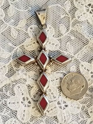 Lge Vtg Signed Tn 47 Taxco Mexico 950 Sterling Cross Pendant W Carnelian Inlay