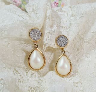 Vtg Monet Gorgeous Pave Rhinestone Faux Pearl Tear Drop Lux Clip Earrings