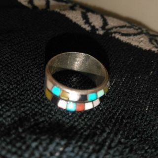 Vtg Native American Navajo Sterling Silver Turquoise Coral Ring Size 8
