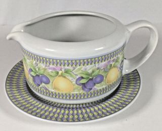 Vintage Oneida Gravy Soup Sauce Boat With Liner Plate Pears Grapes Pastels 1998