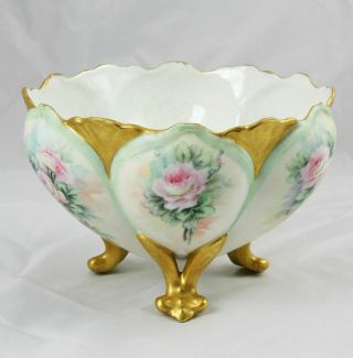 Antique French Hand Painted Limoges Porcelain Pink Rose Center Bowl 9 " X 5.  5 "