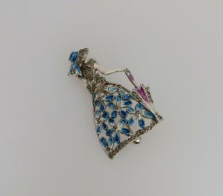 Vintage Metal Brooch - Coloured Crinoline Style Lady With Marcasite Detail