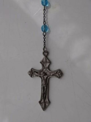 Vintage Blue Crystal Bead Rosary Cross Crucifix Mary Necklace Silver Tone