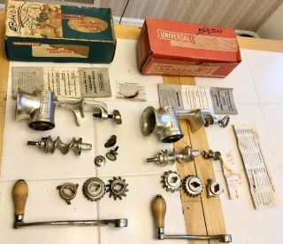 2 Vintage Universal No.  1 Food & Meat Chopper Grinder - 3 Blades - With Boxes
