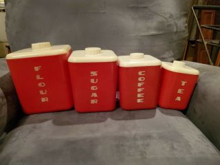Vintage Retro Red Plastic Canister Lids 4pc 1950s Lustro Cofee Tea Sugar Flour