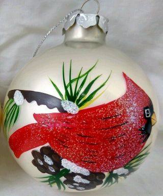 Hand Painted Glass Ornament Vintage Christmas Red Cardinal Birds