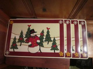 Set Of 4 Vintage B & D Christmas Snowman Placemats Washable Non - Slip Vinyl Foam