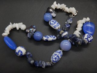Vintage Chinese Lapis Nugget & Blue White Porcelain Bead Necklace