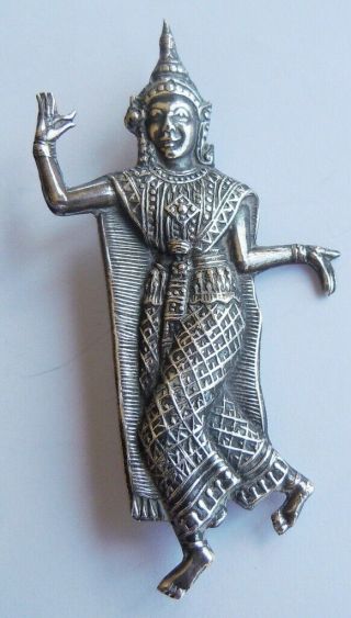 Vintage Siam Sterling Silver Brooch Elegant Thai Lady Dancer Thailand