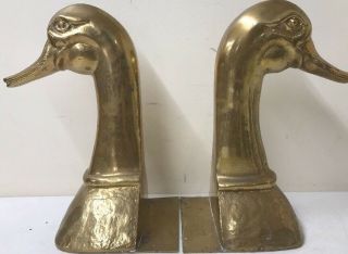10 " Brass Goose Head Bookends - Large Vintage Mcm Pair Mid Century Duck