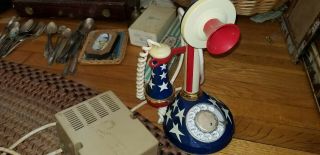 Vintage Red White & Blue Candlestick Phone 1973 Deco Telephone Rotary W/ Cord