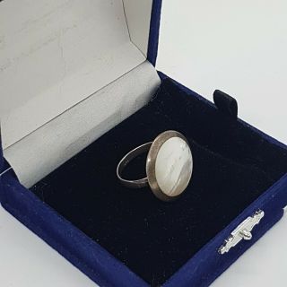 Vintage Sterling Silver 925 Ring With Mother Of Pearl Round Dome Modernist