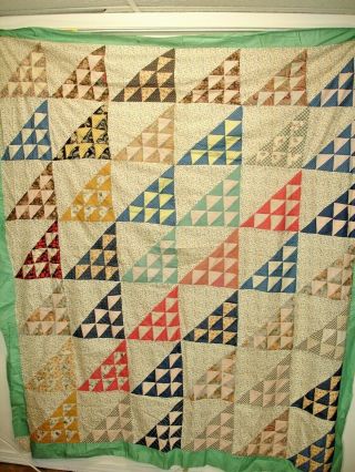 Qt 3,  Vintage Quilt Top,  Flying Geese Variation,  Hand Stitched,  64 X 74 In.